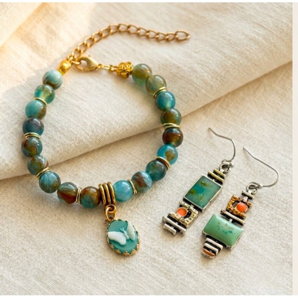 Boho Turquoise & Coral Tone Geometric Earrings & Butterfly Cameo Bracelet Set